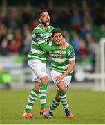15 August 2017; David McAllister of Shamrock Rovers, right, celebrates with team-mate David Webster after scoring his side's first goal during the SSE Airtricity League Premier Division match between Limerick FC and Shamrock Rovers at Market's Field in Limerick. Photo by Diarmuid Greene/Sportsfile