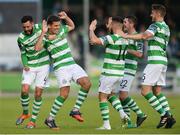 15 August 2017; David McAllister of Shamrock Rovers, second from left, celebrates with team-mates David Webster, left, Brandon Miele, James Doona, and Lee Grace after scoring his side's first goal during the SSE Airtricity League Premier Division match between Limerick FC and Shamrock Rovers at Market's Field in Limerick. Photo by Diarmuid Greene/Sportsfile