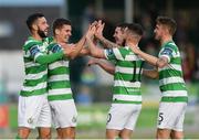 15 August 2017; David McAllister of Shamrock Rovers, second from left, celebrates with team-mates David Webster, left, Brandon Miele, James Doona, and Lee Grace after scoring his side's first goal during the SSE Airtricity League Premier Division match between Limerick FC and Shamrock Rovers at Market's Field in Limerick. Photo by Diarmuid Greene/Sportsfile