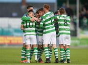 15 August 2017; David McAllister of Shamrock Rovers celebrates with team-mates after scoring his side's first goal during the SSE Airtricity League Premier Division match between Limerick FC and Shamrock Rovers at Market's Field in Limerick. Photo by Diarmuid Greene/Sportsfile