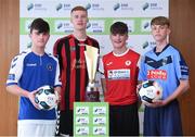 16 August 2017; Under-15 club players, from left, Adam Fitzpatrick of Limerick F.C, Warren Curran of Bohemian F.C, Bryan Lynch of Sligo Rovers F.C, and Dáire Cullen of UCD F.C, in attendance at the SSE Airtricity National Under 15 League Launch at FAI HQ, Abbotstown in Dublin. Photo by Matt Browne/Sportsfile