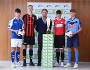 16 August 2017; Former Republic of Ireland international player Damien Duff with Under-15 club players, from left, Adam Fitzpatrick of Limerick F.C, Warren Curran of Bohemian F.C, Bryan Lynch of Sligo Rovers F.C, and Dáire Cullen of UCD F.C, in attendance at the SSE Airtricity National Under 15 League Launch at FAI HQ, Abbotstown in Dublin. Photo by Matt Browne/Sportsfile