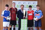 16 August 2017; Former Republic of Ireland international player Damien Duff with Under-15 club players, from left, Adam Fitzpatrick of Limerick F.C, Warren Curran of Bohemian F.C, Bryan Lynch of Sligo Rovers F.C, and Dáire Cullen of UCD F.C, in attendance at the SSE Airtricity National Under 15 League Launch at FAI HQ, Abbotstown in Dublin. Photo by Matt Browne/Sportsfile