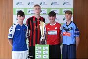 16 August 2017; Under-15 club players, from left, Adam Fitzpatrick of Limerick F.C, Warren Curran of Bohemian F.C, Bryan Lynch of Sligo Rovers F.C, and Dáire Cullen of UCD F.C, in attendance at the SSE Airtricity National Under 15 League Launch at FAI HQ, Abbotstown in Dublin. Photo by Matt Browne/Sportsfile
