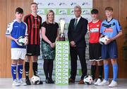 16 August 2017; Anne McAreavey, SSE Airtricity Head of Sponsorship, with, from left, Adam Fitzpatrick of Limerick FC, Jason Donoghue, Republic of Ireland U15 Head Coach, Warren Curran of Bohemian FC, Bryan Lynch of Sligo Rovers FC, Ruud Dokter, FAI High Performance Director, and Dáire Cullen of UCD FC at the SSE Airtricity National Under 15 League Launch at FAI HQ, Abbotstown in Dublin. Photo by Matt Browne/Sportsfile