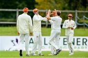 17 August 2017; Fred Klaasen of Netherlands, second from left, celebrates with team mates after catching out Ed Joyce of Ireland during the ICC Intercontinental Cup match between Ireland and Netherlands at Malahide in Co Dublin. Photo by Sam Barnes/Sportsfile