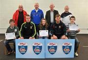 11 May 2012; Oran Malley, left, Roisin Collins and Peter Butler, from Ballinrobe, Co. Mayo, who received their Kellogs Cúl Camps certificates during a Mayo GAA Open Day 2012 pictured with Mayo players Danny Kirby, left, and Aidan O'Shea, right, and back row, from left, Paddy McNicholas, Chairman of Mayo County Board, Eugene Lavin, Mayo Gaels Promotion Officer, Hugh Rudden, Mayo Coaching Officer, and Billly McNicholas, Mayo Games Officer. Elverys MacHale Park, Castlebar, Co Mayo. Picture credit: Barry Cregg / SPORTSFILE