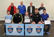 11 May 2012; Mark Cusack, left, Lisa Davitt and Daniel Cusack, from Parke, Co. Mayo, who received their Kellogs Cúl Camps certificates during a Mayo GAA Open Day 2012 pictured with Mayo players Danny Kirby, left, and Aidan O'Shea, right, and back row, from left, Paddy McNicholas, Chairman of Mayo County Board, Eugene Lavin, Mayo Gaels Promotion Officer, Hugh Rudden, Mayo Coaching Officer, and Billly McNicholas, Mayo Games Officer. Elverys MacHale Park, Castlebar, Co Mayo. Picture credit: Barry Cregg / SPORTSFILE