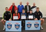 11 May 2012; Ciara Moran, left, Brian O'Malley and Stephen Loftus, from Westport, Co. Mayo, who received their Kellogs Cúl Camps certificates during a Mayo GAA Open Day 2012 pictured with Mayo players Danny Kirby, left, and Aidan O'Shea, right, and back row, from left, Paddy McNicholas, Chairman of Mayo County Board, Eugene Lavin, Mayo Gaels Promotion Officer, Hugh Rudden, Mayo Coaching Officer, and Billly McNicholas, Mayo Games Officer. Elverys MacHale Park, Castlebar, Co Mayo. Picture credit: Barry Cregg / SPORTSFILE