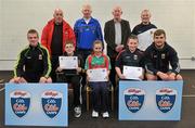 11 May 2012; Dylan Newhouse, left, Sinead O'Reilly and Edward Ball, from Louisbourgh, Co. Mayo, who received their Kellogs Cúl Camps certificates during a Mayo GAA Open Day 2012 pictured with Mayo players Danny Kirby, left, and Aidan O'Shea, right, and back row, from left, Paddy McNicholas, Chairman of Mayo County Board, Eugene Lavin, Mayo Gaels Promotion Officer, Hugh Rudden, Mayo Coaching Officer, and Billly McNicholas, Mayo Games Officer. Elverys MacHale Park, Castlebar, Co Mayo. Picture credit: Barry Cregg / SPORTSFILE