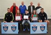 11 May 2012; Laura Mulkeen, left, Daragh Hunt and Eleanor Harrison, from Aghamore, Co. Mayo, who received their Kellogs Cúl Camps certificates during a Mayo GAA Open Day 2012 pictured with Mayo players Danny Kirby, left, and Aidan O'Shea, right, and back row, from left, Paddy McNicholas, Chairman of Mayo County Board, Eugene Lavin, Mayo Gaels Promotion Officer, Hugh Rudden, Mayo Coaching Officer, and Billly McNicholas, Mayo Games Officer. Elverys MacHale Park, Castlebar, Co Mayo. Picture credit: Barry Cregg / SPORTSFILE
