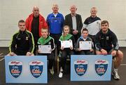 11 May 2012; Niall Fleming, left, Chelsea Doherty and Daniel Murphy, from Charlestown, Co. Mayo, who received their Kellogs Cúl Camps certificates during a Mayo GAA Open Day 2012 pictured with Mayo players Danny Kirby, left, and Aidan O'Shea, right, back row, from left, Paddy McNicholas, Chairman of Mayo County Board, Eugene Lavin, Mayo Gaels Promotion Officer, Hugh Rudden, Mayo Coaching Officer, and Billly McNicholas, Mayo Games Officer. Elverys MacHale Park, Castlebar, Co Mayo. Picture credit: Barry Cregg / SPORTSFILE