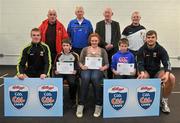 11 May 2012; Cian O'Mahony, left, Maggie Byrne and Jamie McNicholas, from Kiltimagh, Co. Mayo, who received their Kellogs Cúl Camps certificates during a Mayo GAA Open Day 2012 pictured with Mayo players Danny Kirby, left, and Aidan O'Shea, right, and back row, from left, Paddy McNicholas, Chairman of Mayo County Board, Eugene Lavin, Mayo Gaels Promotion Officer, Hugh Rudden, Mayo Coaching Officer, and Billly McNicholas, Mayo Games Officer. Elverys MacHale Park, Castlebar, Co Mayo. Picture credit: Barry Cregg / SPORTSFILE