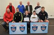 11 May 2012; Maire Reillly and Padraic Flannery, from Kiltane, Co. Mayo, who received their Kellogs Cúl Camps certificates during a Mayo GAA Open Day 2012 pictured with Mayo Coach Mike Fitzmaurice, Mayo Players Danny Kirby, left, and Aidan O'Shea, right, and back row, from left, Paddy McNicholas, Chairman of Mayo County Board, Eugene Lavin, Mayo Gaels Promotion Officer, Hugh Rudden, Mayo Coaching Officer, and Billly McNicholas, Mayo Games Officer. Elverys MacHale Park, Castlebar, Co Mayo. Picture credit: Barry Cregg / SPORTSFILE
