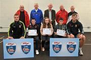 11 May 2012; Niall McDonnell, Megan Bilbow and David Lawlor, from Killala, Co. Mayo, who received their Kellogs Cúl Camps certificates during a Mayo GAA Open Day 2012 pictured with Mayo players Danny Kirby, left, and Aidan O'Shea, right, and back row, from left, Paddy McNicholas, Chairman of Mayo County Board, Eugene Lavin, Mayo Gaels Promotion Officer, Hugh Rudden, Mayo Coaching Officer, Mike Fitzmaurice, Mayo Coach, and Billly McNicholas, Mayo Games Officer. Elverys MacHale Park, Castlebar, Co Mayo. Picture credit: Barry Cregg / SPORTSFILE