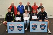 11 May 2012; Stephen Jackson, left, Niamh Neary and Conor Judge, from Bonniconlon, Co. Mayo, who received their Kellogs Cúl Camps certificates during a Mayo GAA Open Day 2012 pictured with Mayo players Danny Kirby, left, and Aidan O'Shea, right, and back row, from left, Paddy McNicholas, Chairman of Mayo County Board, Eugene Lavin, Mayo Gaels Promotion Officer, Hugh Rudden, Mayo Coaching Officer, Mike Fitzmaurice, Mayo Coach, and Billly McNicholas, Mayo Games Officer. Elverys MacHale Park, Castlebar, Co Mayo. Picture credit: Barry Cregg / SPORTSFILE