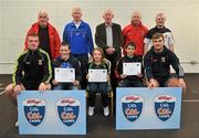 11 May 2012; Thomas Halloran, left, Laura O'Connor and Thomas Conroy, from Neale, Co. Mayo, who received their Kellogs Cúl Camps certificates during a Mayo GAA Open Day 2012 pictured with Mayo players Danny Kirby, left, and Aidan O'Shea, right, and back row, from left, Paddy McNicholas, Chairman of Mayo County Board, Eugene Lavin, Mayo Gaels Promotion Officer, Hugh Rudden, Mayo Coaching Officer, Mike Fitzmaurice, Mayo Coach, and Billly McNicholas, Mayo Games Officer. Elverys MacHale Park, Castlebar, Co Mayo. Picture credit: Barry Cregg / SPORTSFILE