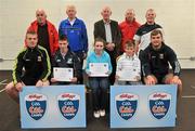 11 May 2012; Nathan McGee, left, Michelle Fitzgerald and Dara McDonald, from Schrule-Glencorrib, Co. Mayo, who received their Kellogs Cúl Camps certificates during a Mayo GAA Open Day 2012 pictured with Mayo players Danny Kirby, left, and Aidan O'Shea, right, and back row, from left, Paddy McNicholas, Chairman of Mayo County Board, Eugene Lavin, Mayo Gaels Promotion Officer, Hugh Rudden, Mayo Coaching Officer, Mike Fitzmaurice, Mayo Coach, and Billly McNicholas, Mayo Games Officer. Elverys MacHale Park, Castlebar, Co Mayo. Picture credit: Barry Cregg / SPORTSFILE