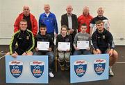 11 May 2012; Justin Healy, left, Roisin Healey and Eoghan McGrath, from Kilcommin, Co. Mayo, who received their Kellogs Cúl Camps certificates during a Mayo GAA Open Day 2012 pictured with Mayo players Danny Kirby, left, and Aidan O'Shea, right, and back row, from left, Paddy McNicholas, Chairman of Mayo County Board, Eugene Lavin, Mayo Gaels Promotion Officer, Hugh Rudden, Mayo Coaching Officer, Mike Fitzmaurice, Mayo Coach, and Billly McNicholas, Mayo Games Officer. Elverys MacHale Park, Castlebar, Co Mayo. Picture credit: Barry Cregg / SPORTSFILE