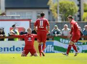 12 May 2012; Danny North, left, Sligo Rovers, celebrates with team-mates Ross Gaynor, centre, and David Cawley, right, after scoring his side's first goal. Airtricity League Premier Division, Sligo Rovers v Shamrock Rovers, The Showgrounds, Sligo. Picture credit: Barry Cregg / SPORTSFILE