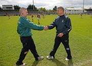 12 May 2012; Leitrim manager Niall Kilcrann, left, shakes hands with Westmeath manager Alan Mangan after the game. Bord Gáis Energy Ladies National Football League, Division 3 Final, Westmeath v Leitrim, Parnell Park, Dublin. Photo by Sportsfile
