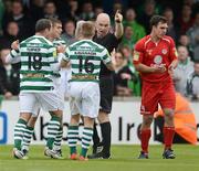 12 May 2012; Chris Turner, Shamrock Rovers, is told to leave the pitch by referee Tom Connolly after receiving a red card. Airtricity League Premier Division, Sligo Rovers v Shamrock Rovers, The Showgrounds, Sligo. Picture credit: Barry Cregg / SPORTSFILE