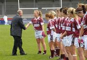 12 May 2012; Pat Quill, President of the Ladies Gaelic Football Association, greets Westmeath captain Jenny Rogers before the game. Bord Gáis Energy Ladies National Football League, Division 3 Final, Westmeath v Leitrim, Parnell Park, Dublin. Photo by Sportsfile