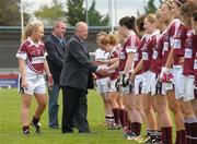 12 May 2012; Pat Quill, President of the Ladies Gaelic Football Association, and Nicky Doran, Bord Gais Energy, are introduced to the Westmeath team before the game by captain Jenny Rogers, left. Bord Gáis Energy Ladies National Football League, Division 3 Final, Westmeath v Leitrim, Parnell Park, Dublin. Photo by Sportsfile