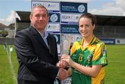 12 May 2012; Leitrim's Lorraine Brennan is presented with the Player of the Match by Nicky Doran, Head of Marketing, Bord Gáis Energy. Bord Gáis Energy Ladies National Football League, Division 3 Final, Westmeath v Leitrim, Parnell Park, Dublin. Picture credit: Brendan Moran / SPORTSFILE
