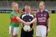 12 May 2012; Team captains Claire Egan, left, Mayo and Clare Hehir, Galway, shake hands in the company of referee Shaun Duane. Bord Gáis Energy Ladies National Football League, Division 2 Final, Galway v Mayo, Parnell Park, Dublin. Picture credit: Brendan Moran / SPORTSFILE