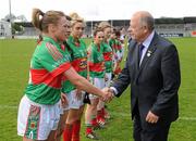 12 May 2012; Mayo captain Claire Egan welcomes Pat Quill, President of the Ladies Gaelic Football Association. Bord Gáis Energy Ladies National Football League, Division 2 Final, Galway v Mayo, Parnell Park, Dublin. Picture credit: Brendan Moran / SPORTSFILE
