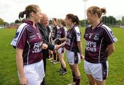 12 May 2012; Pat Quill, President of the Ladies Gaelic Football Association is introduced to the Galway team by captain Clare Hehir. Bord Gáis Energy Ladies National Football League, Division 2 Final, Galway v Mayo, Parnell Park, Dublin. Picture credit: Brendan Moran / SPORTSFILE