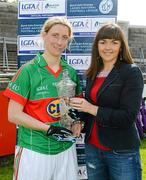 12 May 2012; Cora Staunton, Mayo, is presented with the Bord Gáis Energy Player of the Match by Irene Gowing, Sponsorshop Manager, Bord Gáis Energy. Bord Gáis Energy Ladies National Football League, Division 2 Final, Galway v Mayo, Parnell Park, Dublin. Photo by Sportsfile