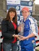 12 May 2012; Linda Martin, Monaghan, is presented with the Bord Gáis Energy Player of the Match by Irene Gowing, Sponsorshop Manager, Bord Gáis Energy. Bord Gáis Energy Ladies National Football League, Division 1 Final, Cork v Monaghan, Parnell Park, Dublin. Photo by Sportsfile