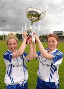 12 May 2012; Sisters Ciara McAnespie, left, and Aoife McAnespie, Monaghan, celebrate with the cup after the game. Bord Gáis Energy Ladies National Football League, Division 1 Final, Cork v Monaghan, Parnell Park, Dublin. Photo by Sportsfile