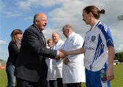 12 May 2012; Pat Quill, President of the Ladies Gaelic Football Association, greets Monaghan captain Sharon Courtney before the game. Bord Gáis Energy Ladies National Football League, Division 1 Final, Cork v Monaghan, Parnell Park, Dublin. Photo by Sportsfile