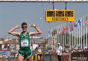 13 May 2012; Ireland's Colin Griffin celebrates securing the Olympic Games 'A' Standard time, after finishing in 15th position, with a time of 3.52:55, during the Men's 50km Race Walk event. IAAF World Race Walking Cup, Saransk, Russia. Picture credit: James Veale / SPORTSFILE