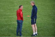 18 August 2017; Gloucester Director of Rugby David Humphreys, left, speaks with Leinster head coach Leo Cullen ahead of the Bank of Ireland Pre-season Friendly match between Leinster and Gloucester at St Mary's RFC in Dublin. Photo by David Fitzgerald/Sportsfile
