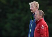 18 August 2017; Gloucester Director of Rugby David Humphreys, right, speaks with Leinster head coach Leo Cullen ahead of the Bank of Ireland Pre-season Friendly match between Leinster and Gloucester at St Mary's RFC in Dublin. Photo by Matt Browne/Sportsfile