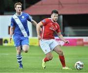 18 August 2017, Josh O'Hanlon of St Patrick's Athletic in action against Sean Houston of Finn Harps during the SSE Airtricity League Premier Division match between St Patrick's Athletic and Finn Harps at Richmond Park in Dublin. Photo by David Maher/Sportsfile