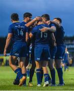 18 August 2017; Jordan Larmour of Leinster is congratulated by team-mates after scoring his side's sixth try during the Bank of Ireland Pre-season Friendly match between Leinster and Gloucester at St Mary's RFC in Dublin. Photo by David Fitzgerald/Sportsfile