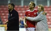 18 August 2017, Jordi Balk of St Patrick's Athletic celebrates with manager Liam Buckley at the end of the SSE Airtricity League Premier Division match between St Patrick's Athletic and Finn Harps at Richmond Park in Dublin. Photo by David Maher/Sportsfile