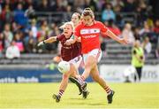 19 August 2017; Brid O'Sullivan of Cork in action against Barbara Hannon of Galway during the TG4 Ladies Football All-Ireland Senior Championship Quarter-Final match between Cork and Galway at Cusack Park in Westmeath. Photo by Matt Browne/Sportsfile