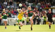 19 August 2017; Grace Kelly of Mayo in action against  Karen Guthrie of Donegal during the TG4 Ladies Football All-Ireland Senior Championship Quarter-Final match between Donegal and Mayo at Cusack Park in Westmeath. Photo by Matt Browne/Sportsfile