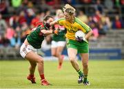19 August 2017; Yvonne McMonagle of Donegal in action against Orla Conlon of Mayo during the TG4 Ladies Football All-Ireland Senior Championship Quarter-Final match between Donegal and Mayo at Cusack Park in Westmeath. Photo by Matt Browne/Sportsfile