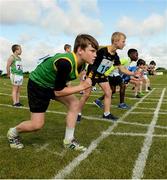 19 August 2017; Mike Galvin, from left, from Duagh Lyre Co Kerry, Patrick Lacey, from Dicksboro, Co Kilkenny and Ade Solanke, from Portarlington, Co Laois, line up for the U10 Boys 100 Metres Race during day 1 of the Aldi Community Games August Festival 2017 at the National Sports Campus in Dublin. Photo by Cody Glenn/Sportsfile