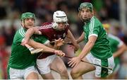 19 August 2017; Jack Coyne of Galway in action against Darragh Fanning, left, and Seán Finn of Limerick during the Bord Gáis Energy GAA Hurling All-Ireland U21 Championship Semi-Final match between Galway and Limerick at Semple Stadium in Tipperary. Photo by Piaras Ó Mídheach/Sportsfile