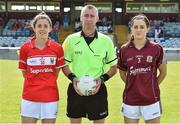 19 August 2017; Referee Niall McCormack with Cork captain Ciara O'Sullivan and Galway captain Emer Flaherty during the TG4 Ladies Football All-Ireland Senior Championship Quarter-Final match between Cork and Galway at Cusack Park in Westmeath. Photo by Matt Browne/Sportsfile