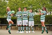 16 May 2012; Shamrock Rovers players, from left to right, Ronan Finn, Aaron Greene and Gary McCabe along with models Rachel Wallace, left, and newly crowned Miss Ireland Rebecca Maguire in attendance at the announcement of the Square Towncentre's sponsorship of Shamrock Rovers FC. The Square Towncentre, Tallaght, Dublin. Picture credit: Barry Cregg / SPORTSFILE