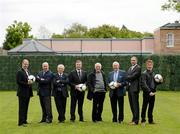17 May 2012; Presenters and pundits, from left, Kenny Cunningham, Liam Brady, John Giles, Darragh Maloney, Eamon Dunphy, Bill O'Herlihy, Richard Sadlier and Hector O'hEochagain in attendance at the launch of RTÉ’s EURO 2012 coverage. RTÉ, Donnybrook, Dublin. Picture credit: Stephen McCarthy / SPORTSFILE